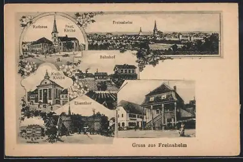 AK Freinsheim, Panorama, Eisenthor, Rathaus, Bahnhof