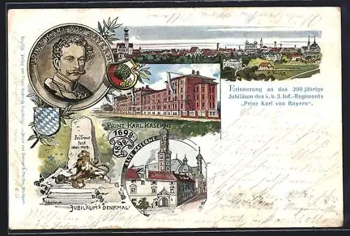 Lithographie Augsburg, 200 jähriges Jubiläum des k. b. 3. Inf.-Regiments Prinz Karl von Bayern 1898, Jubiläums-Denkmal