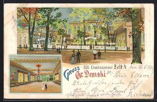 Lithographie Berlin-Tiergarten, vor dem Etablissement Zelt 4, im Saal