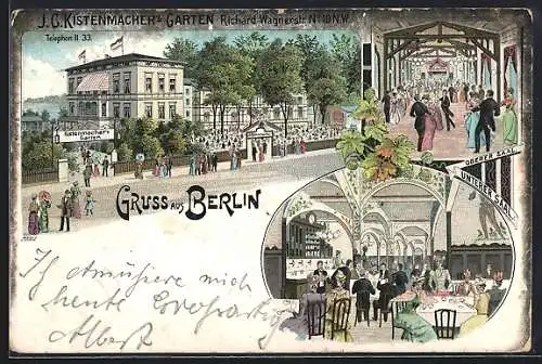 Lithographie Berlin-Tiergarten, Gasthaus J. G. Kistenmacher`s Garten mit Innenansichten, Richard Wagnerstrasse 10