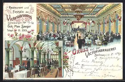 Lithographie Berlin-Tiergarten, Victoriabrauerei, Restaurant und Festsäle, Lützowstr. No. 111, Inh. Max Saeger