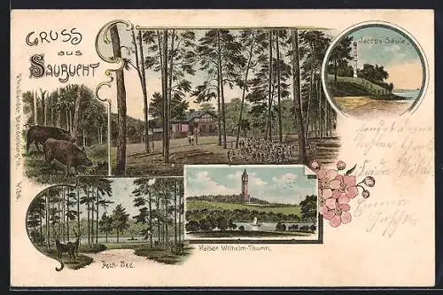 Lithographie Zehlendorf, Kaiser Wilhelm-Thurm, Jacov-Säule, Wildschweine im Wald