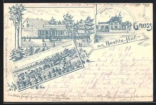 Lithographie Berlin-Wannsee, Restaurant Beelitzhof, Inh. Ed. Schmidt, Bahnhof Wannsee