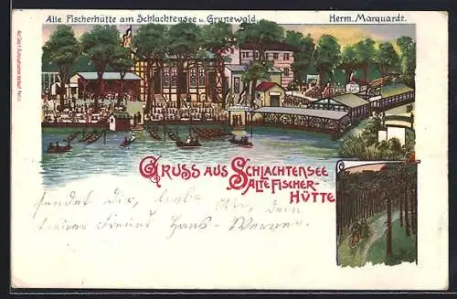 Lithographie Berlin-Zehlendorf, Alte Fischerhütte, Waldpartie