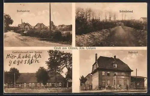 AK Oetzen, Bahnhof, Gasthof von Becker, Schiessstand