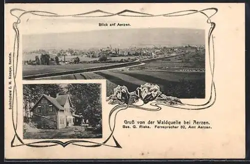 AK Aerzen, Gasthaus Waldquelle, Bes. G. Rieke, Ortsansicht aus der Vogelschau