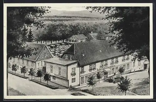 Künstler-AK Zellerfeld i. Oberharz, Hotel Schützenhaus aus der Vogelschau, Bes. Aug. Liebetraut