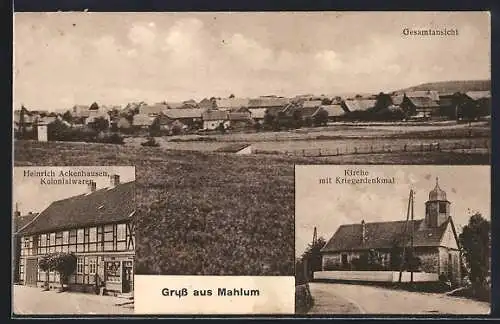 AK Mahlum, Heinrich Ackenhausen Kolonialwaren, Kirche mit Kriegerdenkmal