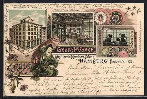 Lithographie Hamburg-Neustadt, G. Hübner`s Conditorei & Marzipan-Fabrik, Neuerwall 22