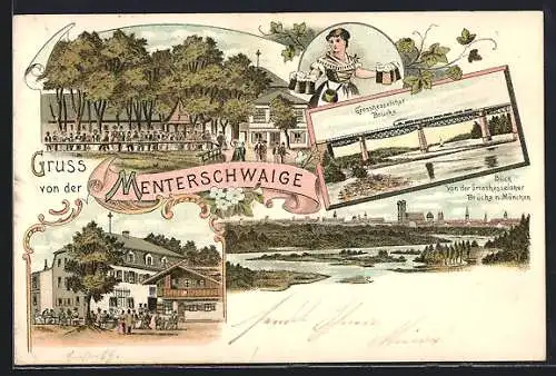 Lithographie München, Gasthof Menterschwaige, Grosshesseloher Brücke