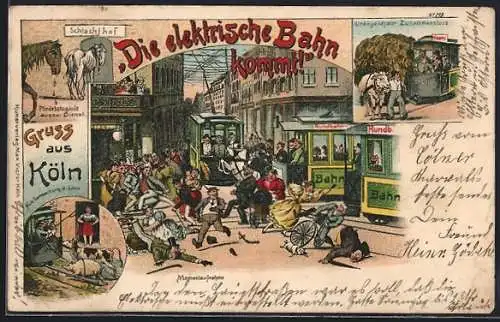 Künstler-Lithographie Bruno Bürger & Ottillie Nr. 298: Die elektrische Bahn kommt!, Scherz, Strassenbahn