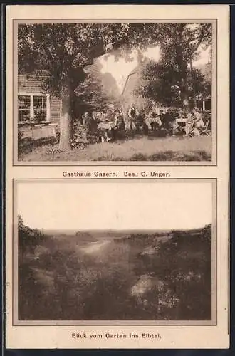 AK Gasern, Gasthaus, Bes. O. Unger, Blick vom Garten ins Elbtal
