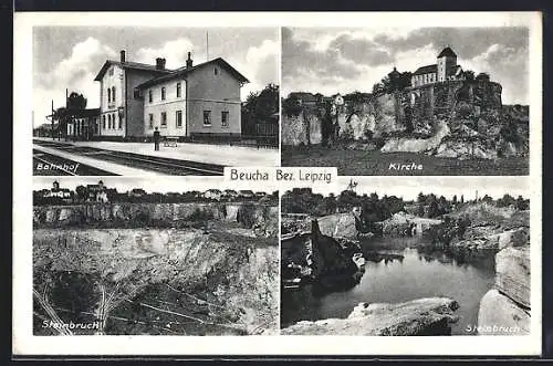 AK Beucha / Wurzen, Bahnhof, Kirche, Steinbruch