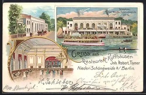 Lithographie Nieder-Schöneweide b. Berlin-Niederschöneweide, Restaurant Kyffhäuser v. Robert Tismer mit Innenansicht