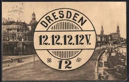 AK Dresden, An der Elbe, Poststempel mit kuriosem Datum 12.12.1912 12 Uhr Postamt 12