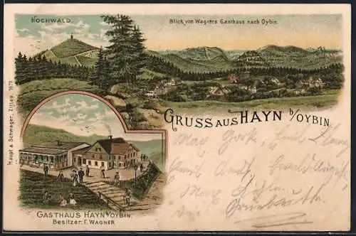 Lithographie Oybin, Gasthaus Hayn, Panorama mit Hochwald
