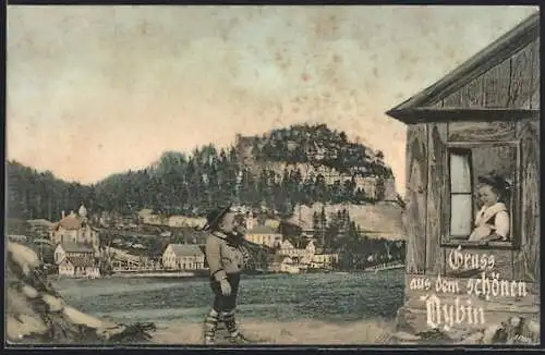 AK Oybin, Kleines Paar vor Ort und Berg