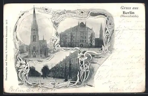 AK Berlin, Evangel. Garnisonkirche, Hasenhaide Ecke Lehninerstrasse, Strasse Hasenhaide