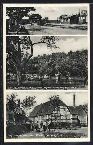 AK Mauna, Bahnhof, Gasthaus Maunaer Mühle, Inh. Adolf Kästner