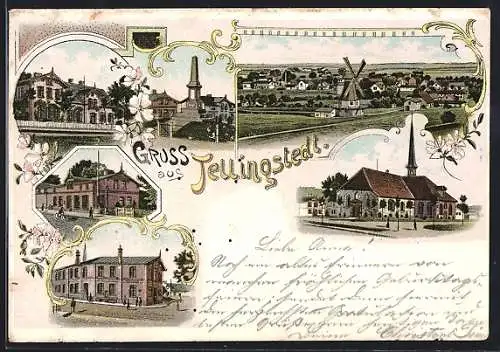 Lithographie Tellingstedt, Windmühle, Denkmal, Kirche und Strassenpartie