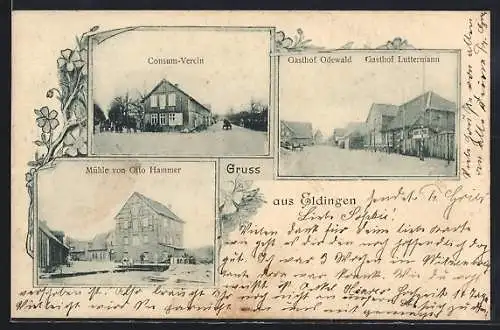 AK Eldingen, Gasthof Odewald und Gasthof Luttermann, Consum-Verein und Mühle von Otto Hammer