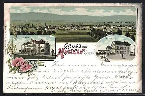 Lithographie Mügeln / Dresden, Ansicht vom Bahnhof, Blick zur Schule