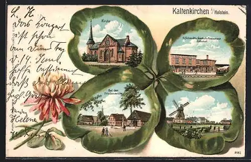 Passepartout-Lithographie Kaltenkirchen i. Holstein, Gasthof & Restaurant zum Bahnhof, Kirche und Windmühle im Kleeblatt