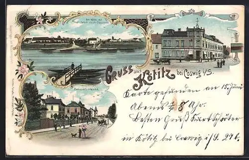 Lithographie Kötitz, Bäckerei v. Hugo Straube, Bahnhofstrasse, Ortsansicht