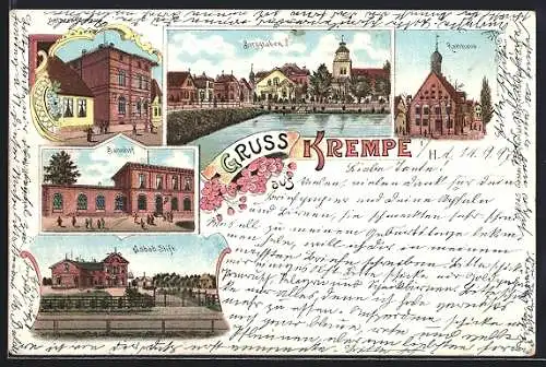 Lithographie Krempe i. H., Bahnhof, Burggraben, Rathaus und Asbab-Stift