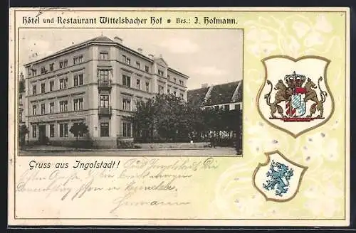 Passepartout-Lithographie Ingolstadt, Hotel und Restaurant Wittelsbacher Hof, Bes. J. Hofmann, Wappen