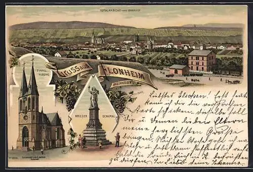 Lithographie Flonheim /Rheinhessen, Kriegerdenkmal, Evangelische Kirche und Totalansicht