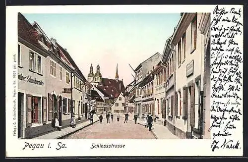 Goldfenster-AK Pegau i. Sa., Schneidermeister in der Schlossstrasse, mit leuchtenden Fenstern