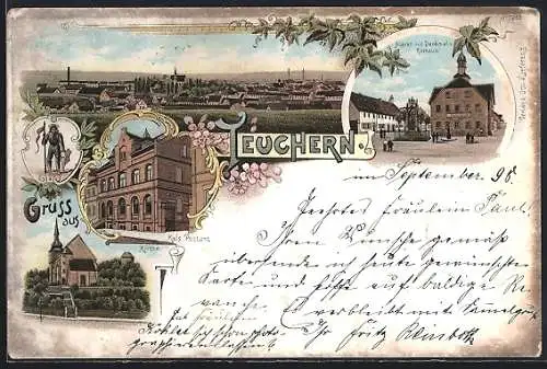 Lithographie Teuchern, Kais. Postamt, Markt mit Rathaus und Denkmal, Panorama