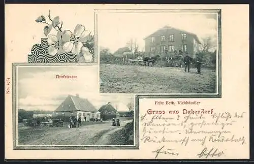 AK Dakendorf, Viehhändler Fritz Beth, Partie in der Dorfstrasse, Blumen-Passepartout