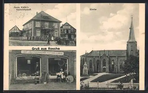 AK Rosche, Georg Kiehn`s Gasthaus, Lager für landwirtschaftliche Geräte und Maschinen, Kirche