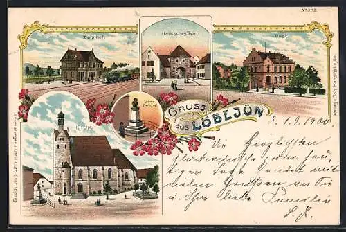 Lithographie Löbejün, Bahnhof, Kirche, Hallesches Thor und Post