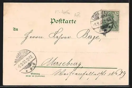 Lithographie Löbejün, Bahnhof, Kirche, Hallesches Thor und Post