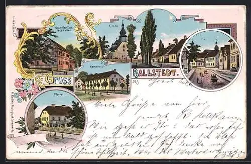 Lithographie Ballstedt, Gasthof zur Tanne, Bes. H. Walter, Kammergut, Pfarrei und Kirche