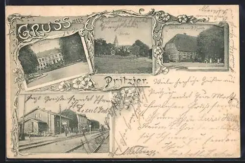 AK Pritzier, Gasthaus von J. Kurth, Bahnhof, Schloss und Kirche