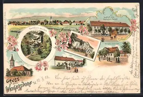 Lithographie Weigersdorf /O. L., Gasthof zum deutschen Kaiser, Gerichts-Kretscham, Schloss und Kirche