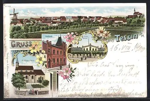 Lithographie Tessin i. M., Amtsgericht, Postamt und St. Johannis-Kirche