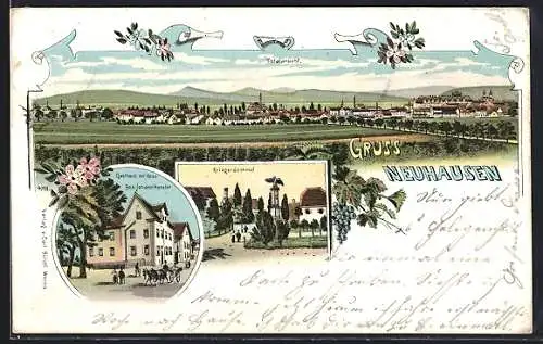 Lithographie Worms / Neuhausen, Totalansicht, Kriegerdenkmal, Gasthaus zur Post, Bes. Johann Hensler, Blumen, Um 1900