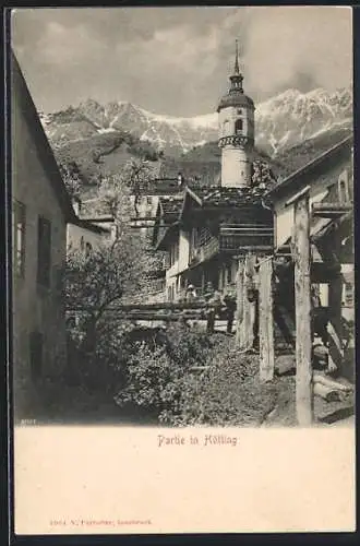 AK Hötting, Ortspartie mit Turm und Bergpanorama