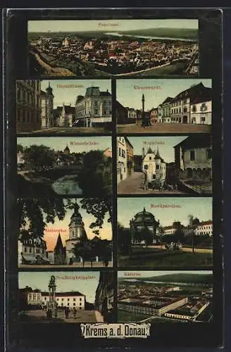 AK Krems a. d. Donau, Totalansicht, Dinstlstrasse, Körnermarkt, Wienerbrücke, Musikpavillon, Steinertor, Kaserne