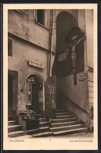 AK Salzburg, Steingasse mit Kapuziner-Stiege, Krämerei Maria Melzer