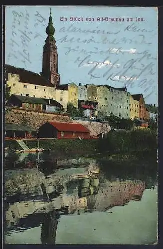 AK Braunau am Inn, Alt-Braunau, Teilansicht vom Wasser aus