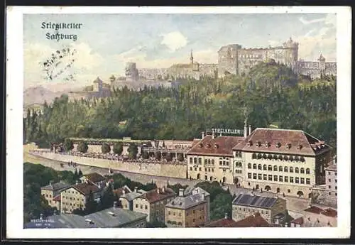 AK Salzburg, Gasthaus Stieglkeller aus der Vogelschau