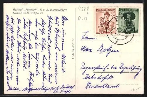 AK Sierning /O.-Ö., Gasthof Forsthof F. u. A. Baumschläger, Vorderansicht mit Anlage