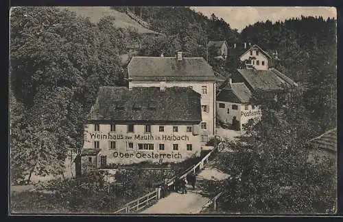AK Haibach /O.-Ö., Gasthaus Weinhaus zur Mauth mit Strasse und Postamt aus der Vogelschau