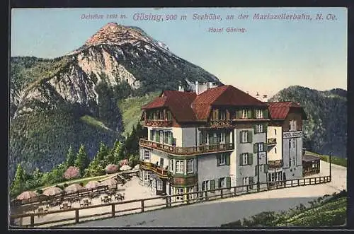 AK Gösing an der Mariazellerbahn, Hotel Gösing gegen den Oetscher